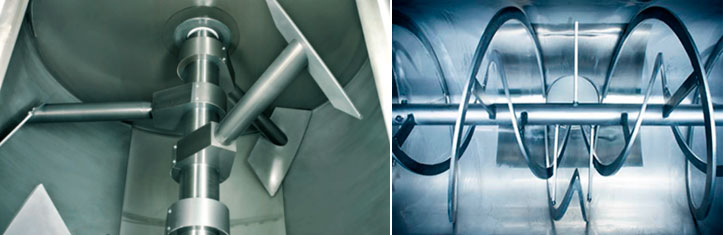 Figura 1. À esquerda, um misturador de pá horizontal de veio único (imagem: catálogo Buhler AG). À direita, um misturador de parafuso (imagem: catálogo Flowtec).